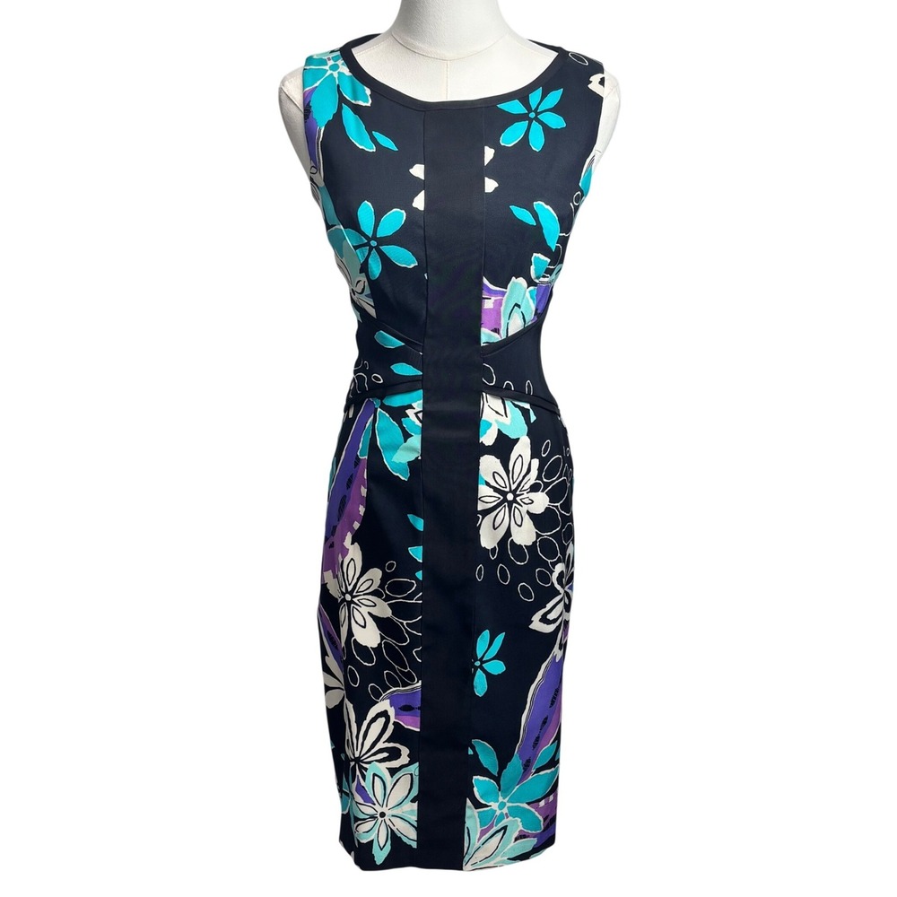Midi Sheath Dress Black Floral Sleeveless Career Workwear Office Modest Retro 4